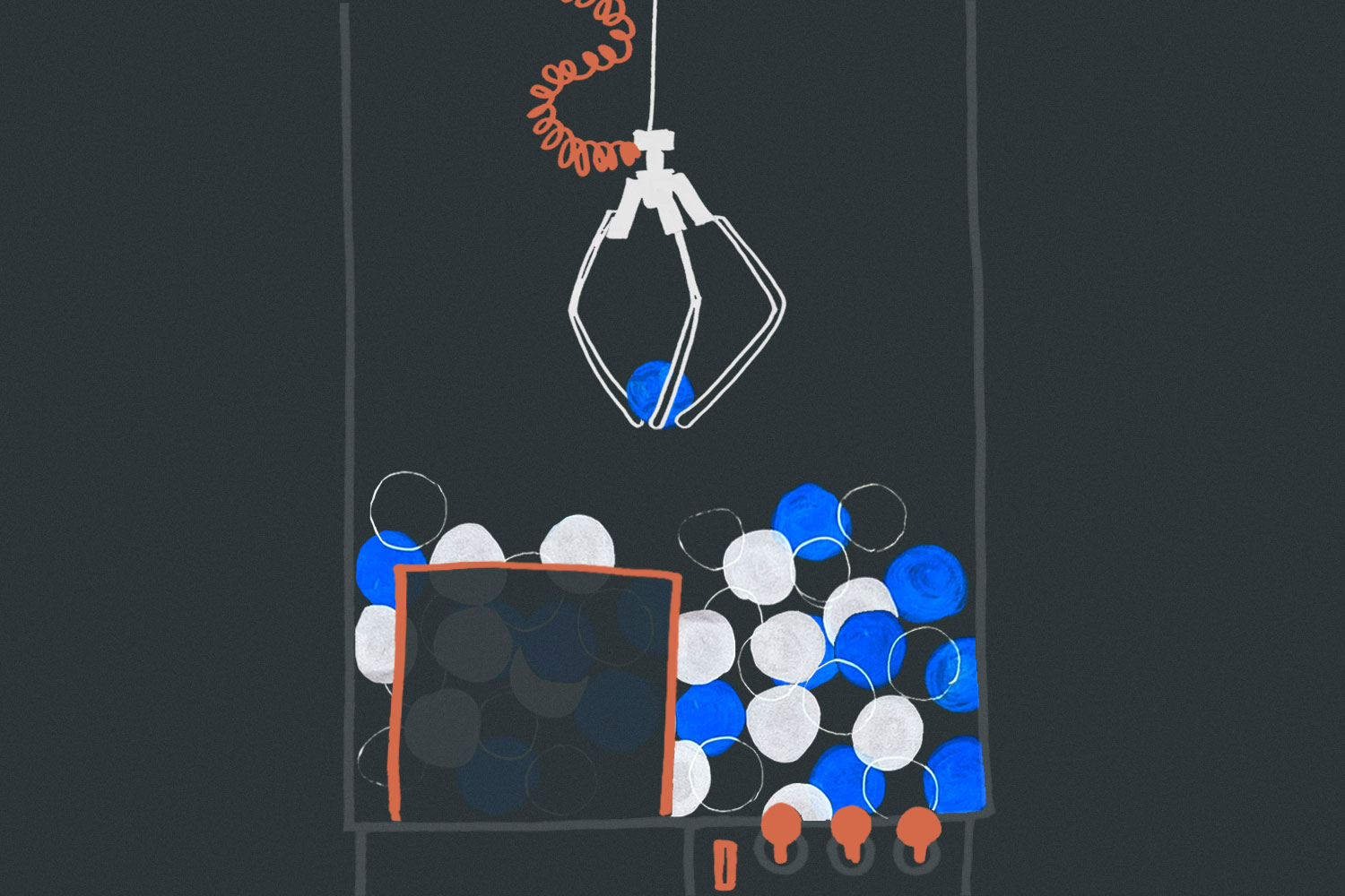 一只爪形起重机从一堆蓝白色的球中抓取一个蓝球
