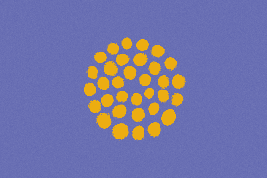 一簇黄色的圆圈，在结构上类似蒲公英，中间有一滴蓝色的水滴